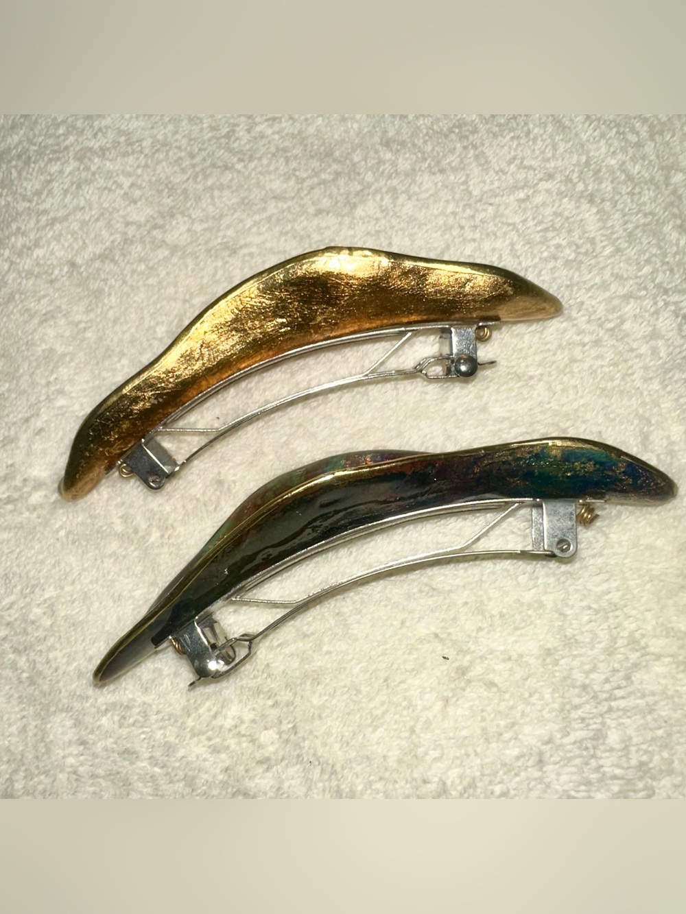 VTG 90s Made in France Wavy Resin Barrette Set Gold Foil Jewel Tone Hair Clips